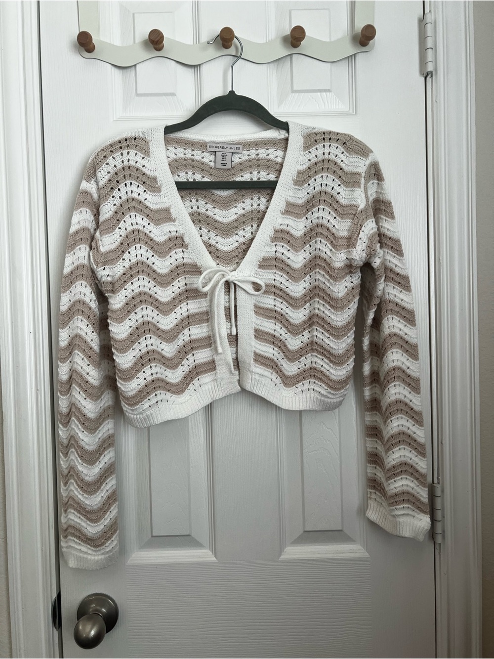 Sincerly Jules Cream and Tan Open-Knit Tie-Front Cardigan